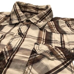 BKE Button Shirt Mens S/M Plaid Pearl Snap Stitch Distress Short Sleeve Western‎